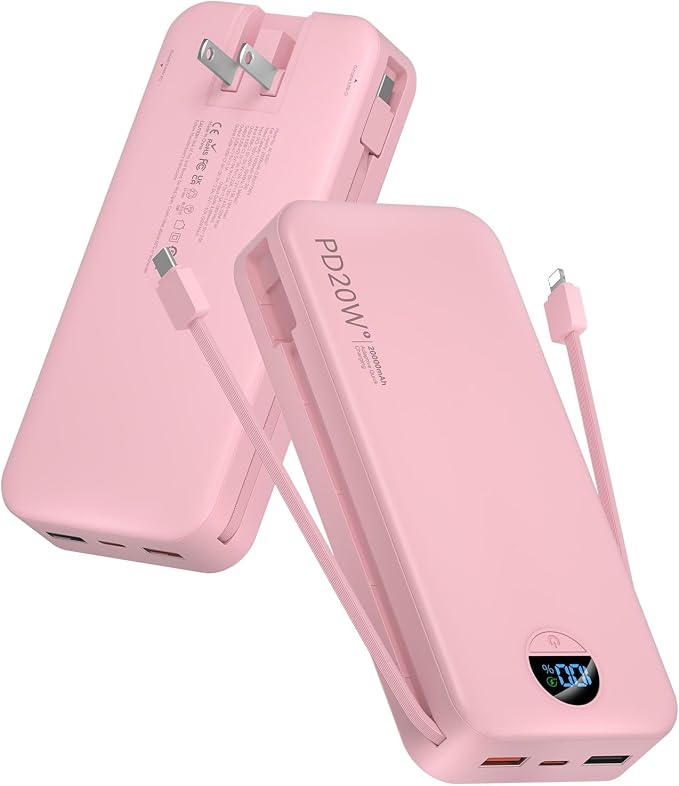 citicr Portable Charger 20000mAh PD20W w/Built-in Cables & Wall Plug Pink | High capacity, Fast charging, Built-in wall plug, LED display, Charge 5 devices at once, Pass through charging, TSA approved by CITICR