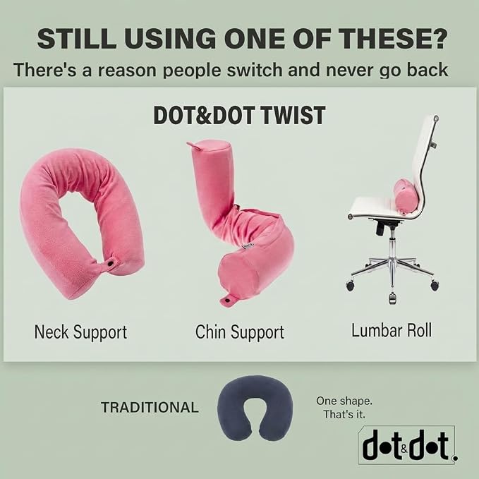 Dot&Dot Twist Memory Foam Travel Pillow, Bendable Neck Pillow for Airplane, Car and Home, 26-Inch Adjustable Roll with Washable Cotton Cover, Pink - Image 9