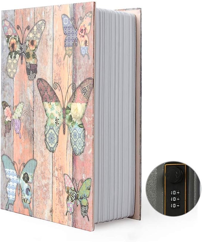 PACOLO Small Diversion Book Safe Storage Box, Metal Can with Security Combination Lock/Key, Hidden Safe (Combination, Butterfly) by PACOLO