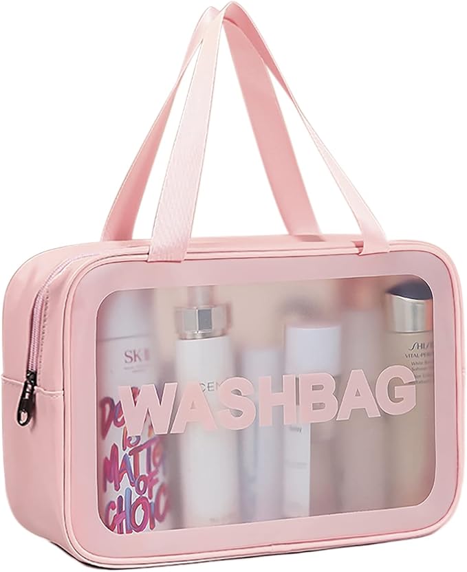 DAPOWER Travel Toiletry Bag for Women, Matte Translucent Toiletry Bag with Handy Handle, Makeup Cosmetic Organizer Bag for Travel Toiletries Accessories (Pink) by DAPOWER