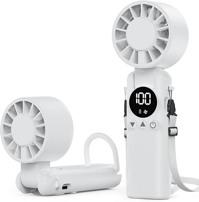 AILBTON Portable Handheld Fan, 5000mAh Rechargeable Mini Personal USB Fan with LED Display & Foldable Design, 199-Speed Powerful Battery Operated Travel Fan for Women, Outdoor, Office White by AILBTON