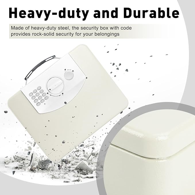 KYODOLED Off-White Safe Box with Digital Keypad Lock, Lock Box with Code for Personal Items, Metal Security Box for Cash, Passport, Ideal for Home, Office, Garage Sale, 11.8'' x 9.4'' x 3.5'' - Image 6