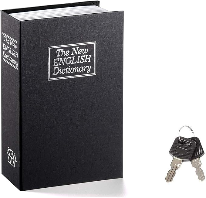 Jssmst Book Safe with Key Lock, Dictionary Diversion Safe Seceret Hidden Book with Safe Inside, Fake Book Money Metal Lock Box Small, 7.2" x 4.6" x 2.2", Black by Jssmst