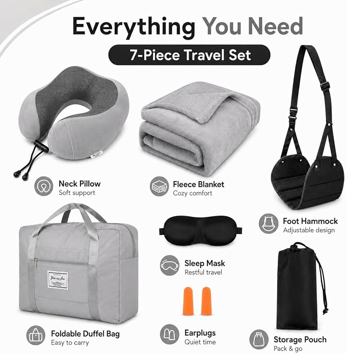 Travel Pillow and Blanket Set - Foot Hammock Rest Airplane Essentials, Grey | Memory Foam Neck Pillow Plane Foot Rest Airplane Accessories Essentials, Foldable Duffel Bag Eye Mask Earplugs for Comfort - Image 3