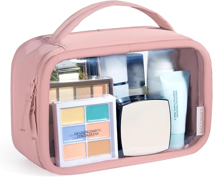 BAGSMART Clear Makeup Bag - TSA Approved Toiletry Bag with Handle Large Opening, Water-Resistant Durable PVC Clear Toiletry Bags for Traveling Travel Essentials (Pink) by BAGSMART