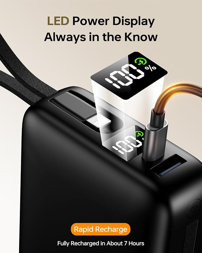 Portable Charger 50000mAh, 22.5W Fast Charge Power Bank Built-in 2 Cables | Pocket‑Friendly Portable Phone Charger for iPhone/iPad/Android/Samsung Galaxy Travel & Camping Essential (Carbon Black) - Image 5
