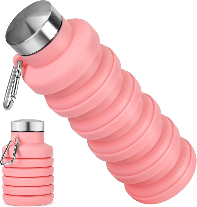 Collapsible Water Bottle, 16oz Portable Reusable Silicone Water Bottle with Carabiner for Gym, Travel, Camping, Hiking, Sports, Lightweight, BPA-Free, Leak-Proof, Foldable Design, Pink by HOME
