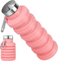 Collapsible Water Bottle, 16oz Portable Reusable Silicone Water Bottle with Carabiner for Gym, Travel, Camping, Hiking, Sports, Lightweight, BPA-Free, Leak-Proof, Foldable Design, Pink by HOME