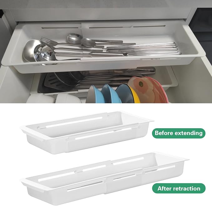 SnowTing 2 PCS Deep Drawer Organizer, 2 Sizes Expandable & Adjustable White Plastic Organizer, Sliding Drawer Storage Bins for Kitchen Utensils, Office Supplies, Cosmetics, Tools - Image 6