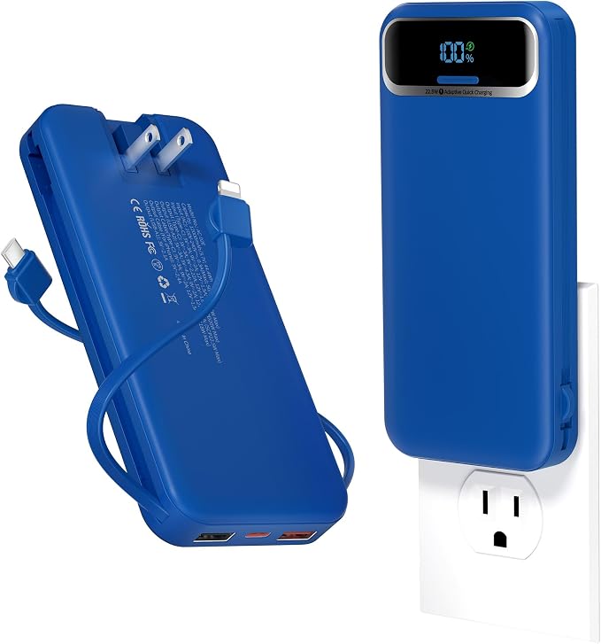 aonidi Portable Charger 12000mAh with Built-in Cables&AC Wall Plug, Navy | PD20W USB C Fast Charging,LED Display External Travel Power Bank,TSA approved Battery Pack for All iPhone,Samsung,Android by AONIDI