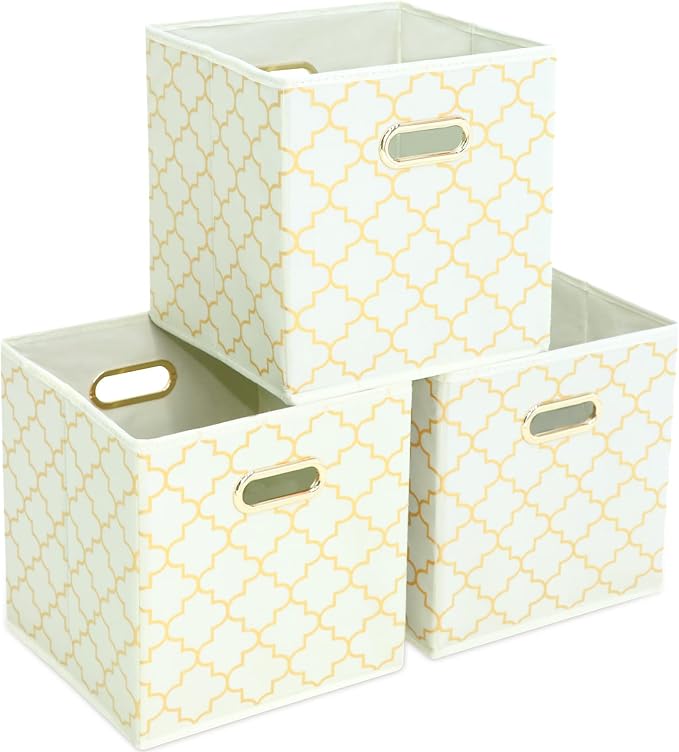 Fabric storage bins Cubes, Fabric Cube Organizer with Handle, Foldable Cube Bins for Cloth or Accessary Storage, 11x11x11, Set of 3, (Creamy-White Gold) by Yunkeeper