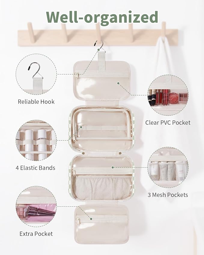 Narwey Hanging Travel Toiletry Bag for Women Checkered Makeup Bag Organizer Cosmetic Make up Toiletries Bag for Travel Essentials Accessories (Mint Green Checkerboard, Large) - Image 3