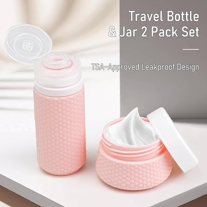 2 oz Travel Bottle Silicone Small Liquid Travel Containers 2 Pack Leak Proof TSA Approved Bottles On The Go Size Traveling Kit for Toiletries Shampoo Body Wash Skincare Lotion Women - Leather Pink - Image 2