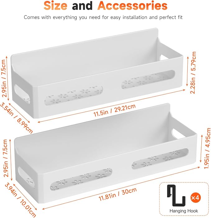 2-Pack Magnetic Spice Rack for Refrigerator with Hooks, White | Strong multipurpose magnetic shelf for kitchen & bathroom organization. Includes 4 removable hooks for hanging items. - Image 7