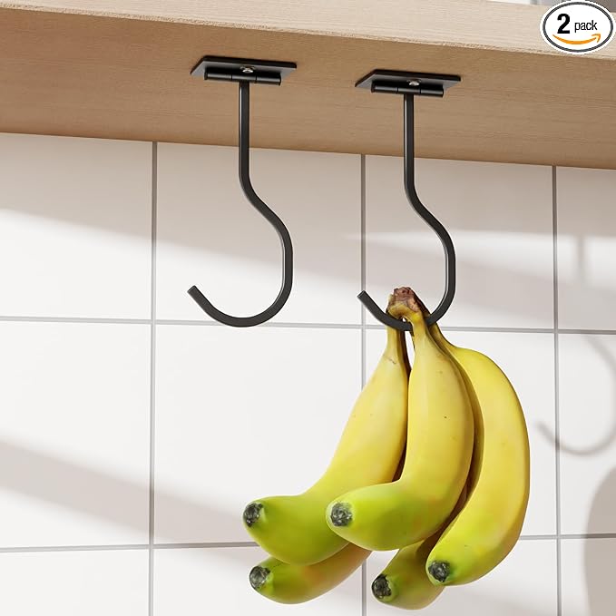 bussdis Adhesive Banana Hook Under Cabinet, Black, 2 Pack | Foldable Banana Hanger, Metal Banana Holder, Hold 20 Bananas, Space-Saving Design, Folding with Magnets When Not in Use by BUSSDIS