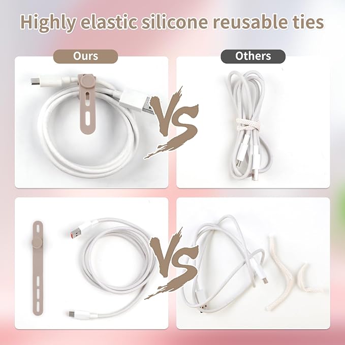 Oligei 25 Pcs Silicone Cable Ties, Cable Ties Reusable, High Elasticity Cord Wraps for Electrical Cords, Cord Organizer for Earphone, Phone Charger(Khaki) - Image 4
