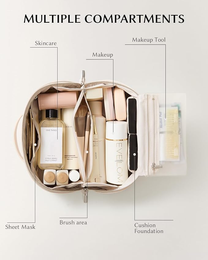 EACHY Travel Makeup Bag for Women, Flat Open Cosmetic Bag, Beige, Medium | Flat-open cosmetic organizer with clear TPU brush pocket and extra storage for makeup, toiletries and travel essentials - Image 2