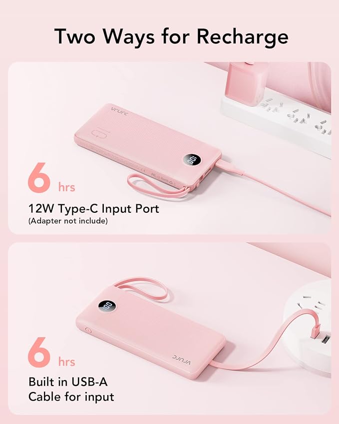 VRURC Portable Charger Power Bank, Built-in 4 Cables & 2 Ports,10000mAh Slim Battery Pack with LED Display, Travel Essential USB C Portable Phone Charger for All Cell Phones Devices-Pink(1 Pack) - Image 6