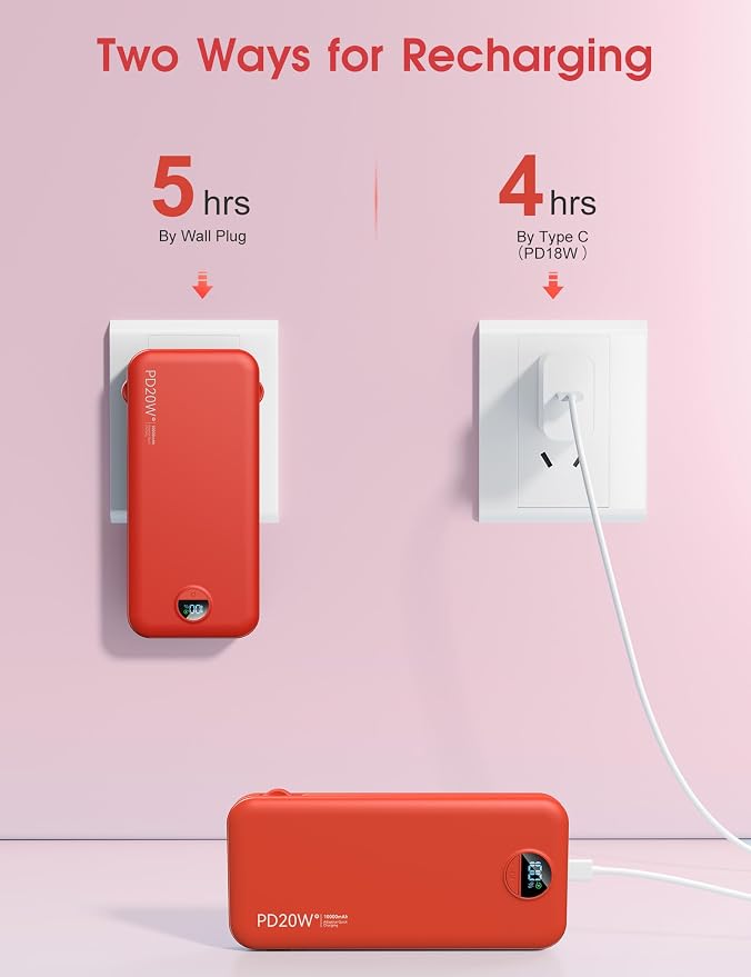 citicr Portable Charger 10000mAh PD20W w/Built-in Cables & Wall Plug Red | Fast charging, Built-in wall plug, LED display, Charge 5 devices at once, Pass through charging, TSA approved, Pocket size - Image 8