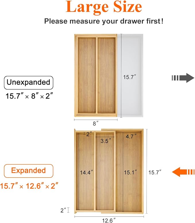 Large Bamboo Kitchen Utensil Drawer Organizer Expandable Silverware Tray | Big Cooking Utensil Drawer Divider Spoon Flatware Organizer Storage Adjustable Wooden Cutlery Holder Tool Knife Spatula Tray - Image 2