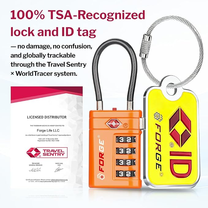 Forge TSA Approved Cable Luggage Locks with TSA008, 4-Digit Combination & Open Alert Indicator, Zinc Alloy Body, 2 Orange Travel Locks with 2 TSID Smart Lost & Found Tags for Luggage & Suitcase - Image 2