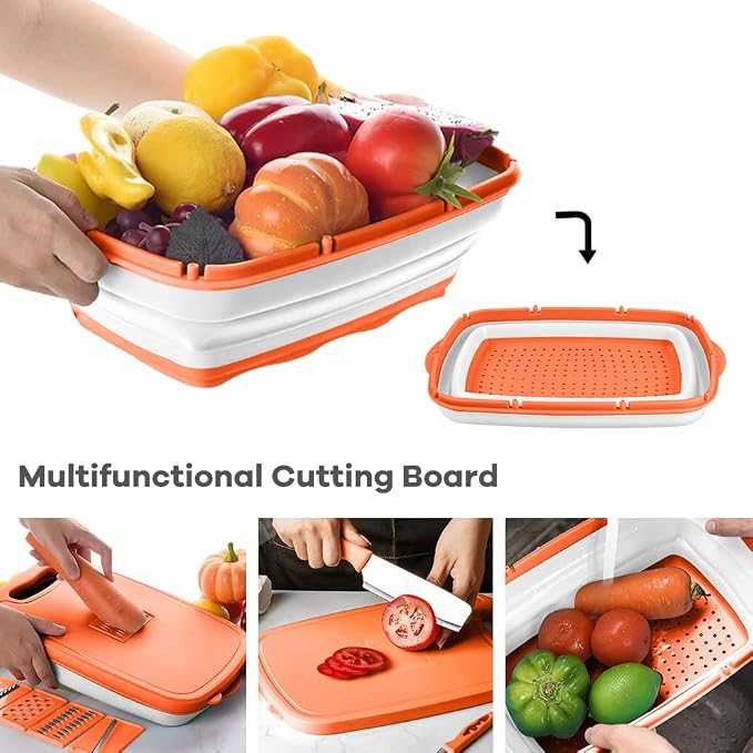 Gintan Camping Cutting Board, 9-in-1 Collapsible Chopping Board with Colander, Kitchen Vegetable Washing Basket for Camping, Camping Gifts Camping Accessories for RV Campers (orange) - Image 6