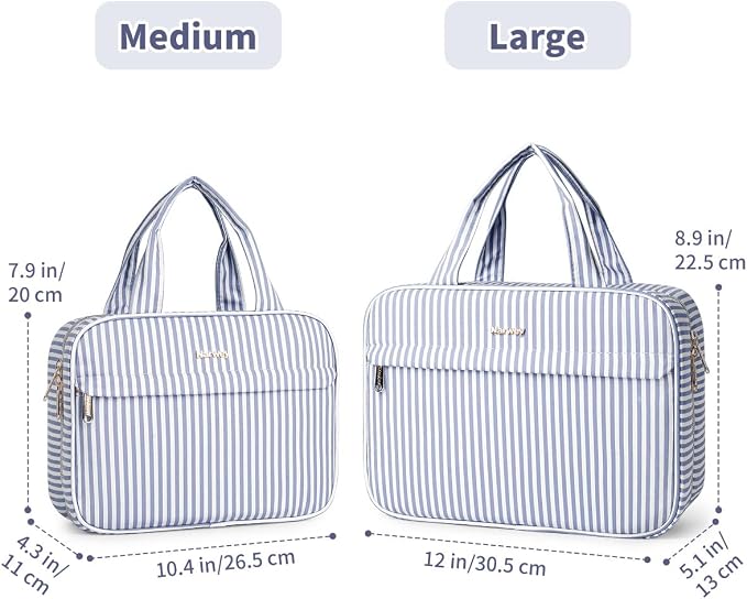 Narwey Striped Hanging Travel Toiletry Bag, Makeup Bag Organizer Make up Toiletries Bags for Full Size Essentials, Accessories, Brushes, Cosmetics (Greyish Blue Stripe, Large) - Image 2