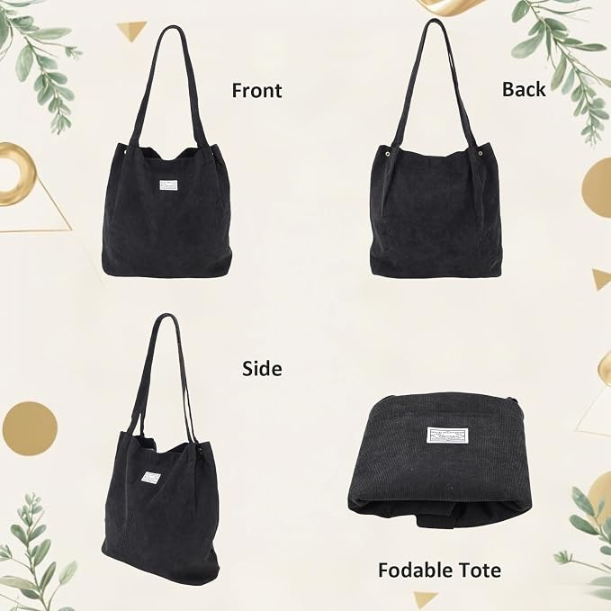 UERRUAM Corduroy Tote Bag for Women with Inner Pockets, Cute Go-to Bag | Slouchy Shoulder Bag for Everyday, Work, Books, Beach & Grocery Shopping, Lightweight Washable Foldable, Cloth Purse - Image 3