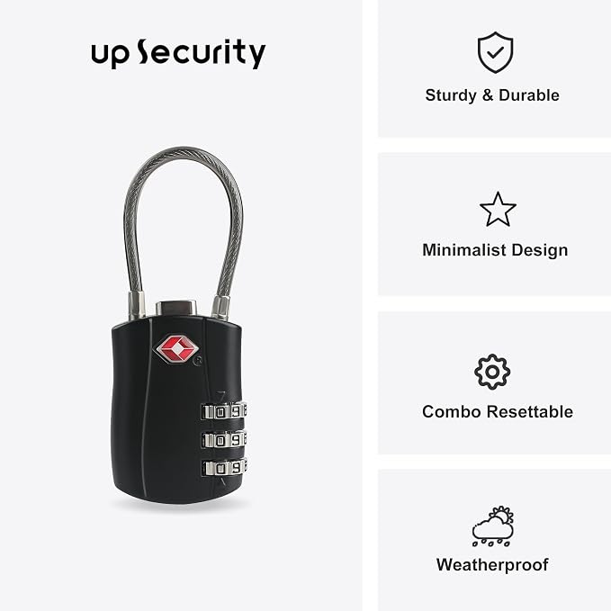 TSA Locks for Luggage, Small Padlock Combination with Cable, Luggage Locks TSA Approved, Combo Padlock with Code, for Travel Suitcase, Gym Locker, Gun Case, Backpack Zipper (Black+Black) - Image 2