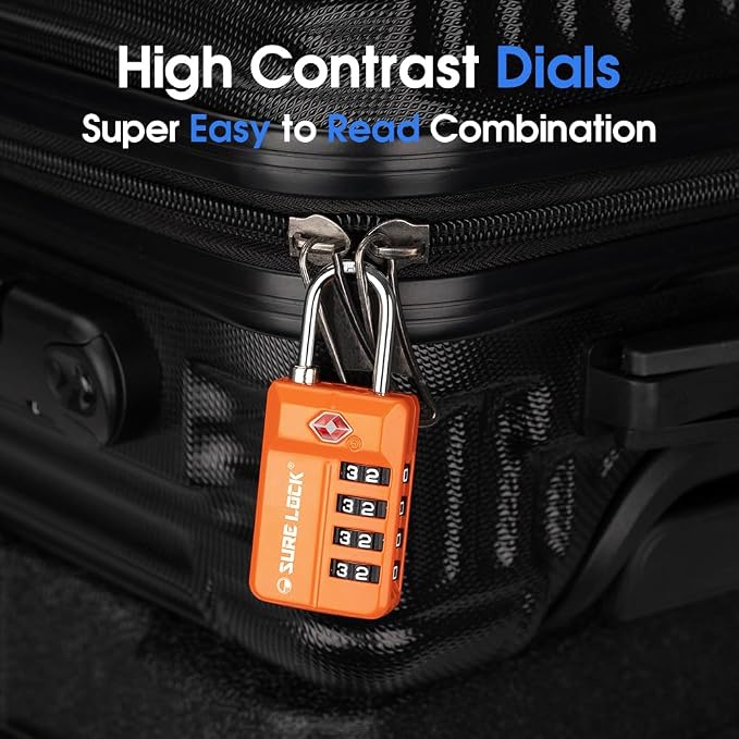 SURE LOCK TSA Approved 4-Digit Resettable Combination Luggage Locks with Open Alert, Easy-Read Dials - for Luggage, School Lockers, Gym, Office, Toolbox & Security Cases (Orange 2 Pack) - Image 7