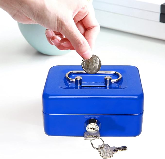 Jssmst Small Cash Box with Lock and Slot, Metal Coin Piggy Bank for Adults and Kids, Blue Locking Money Box - Image 3