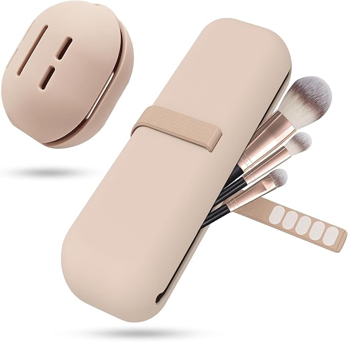 2-in-1 Silicone Makeup Brush Holder Travel Case, Khaki | Beauty Blender Pouch, Nylon Strap Closure, Odorless Waterproof, Fits 12 Full-Size Brushes by BSJIASHIWEI
