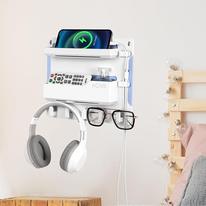 YONGAIJIA Bedside Shelf Wall Mount with Hooks, Cable Clips, No-Drill, White | RV Shelf, Camper, Dorm Room Essentials, Bunk Bed, Damage-Free Adhesive, Floating Organizer, Holds Phone Remote Glasses by YONGAIJIA
