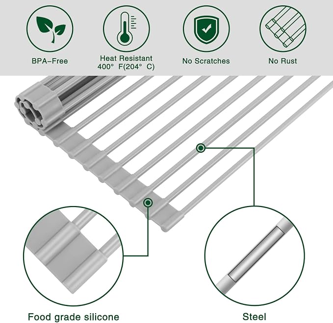 HANZENMA Roll Up Dish Drying Rack Over The Sink Kitchen Roll Up Sink Drying Rack Multipurpose Foldable Sink Drying Mat, Heat-Resistant, Anti-Slip & Anti-Rust Dish Rack for Kitchen, 17" x 13", Grey - Image 4
