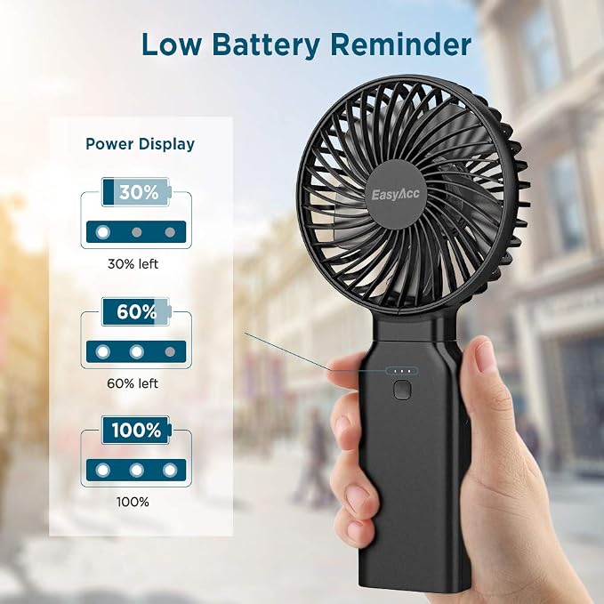 EasyAcc Portable Travel Fan [Max 53H Cooling Time] 9000mAh Rechargeable Battery Powered Handheld Fan with Power Bank 4 Speeds Powerful Personal Desk Electric for Travel Outdoor Office - Image 4