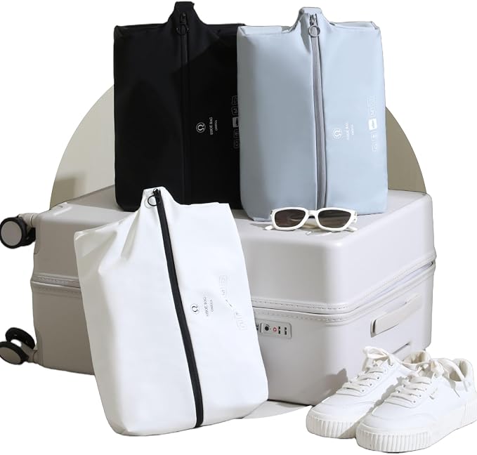 tianzong 3 Piece Double-Layer Fabric Wide-Opening Waterproof Travel Shoe Bag with Comfortable Handle (Black + Bluish Grey + White) by tianzong