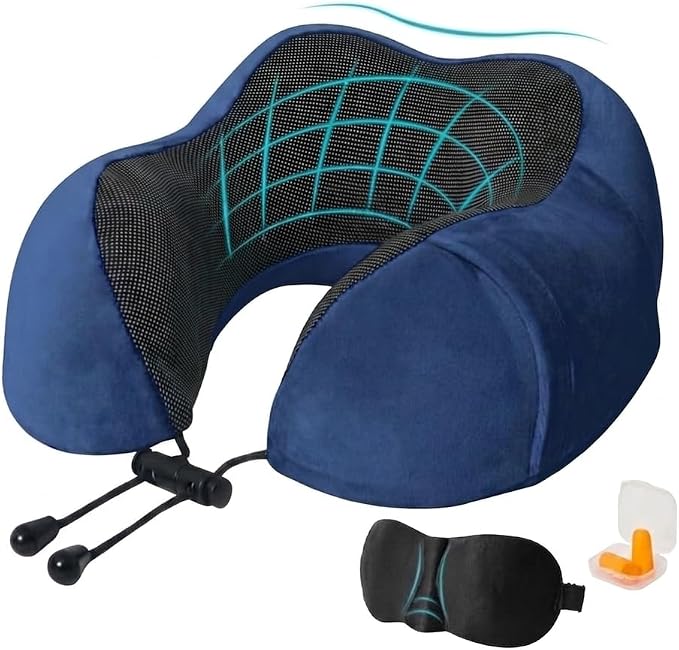 Airplane Travel Neck Pillow, 100% Memory Foam Ergonomic Neck Support, Airplanes Neck Pillow with Washable Cover Travel Essential for Flight Car & Office Includes Eye Masks, Earplugs & Carry Bag (Blue) by Yorgan