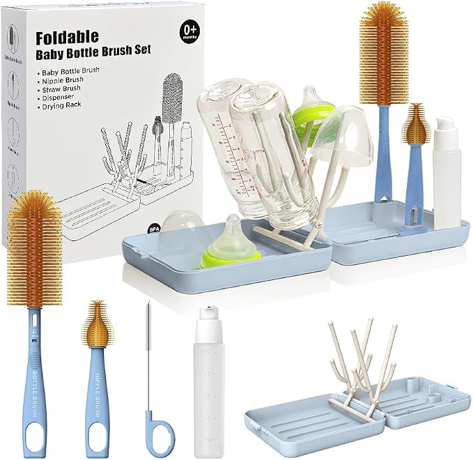 Travel Bottle Cleaner Kit with Foldable Bottle Drying Rack, Blue | Auto-Open Rack & Vertical Brushs Drying Slots, 3 Silicone Brushes, Foldable Drying Rack, Dispenser, BPA Free. by YOTIME