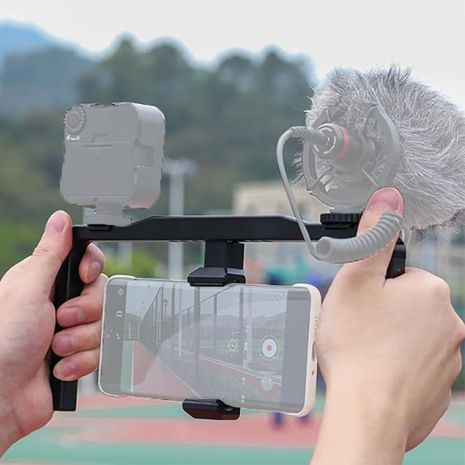 Universal Smartphone Cage Video Rig with Dual Handles Cold Shoe Mount Adapter Compatible with LED Light,Microphone (Black) - Image 6