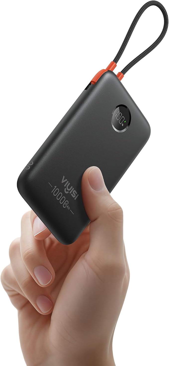 VIYISI Ultra Slim Portable Charger Small 10000mAh with Built-in USB C Cable | PD 20W Compact Power Bank Fast Charging Battery Pack, Travel Essential for iPhone 17 16 15 Samsung S25 A16 Android-Black by VIYISI