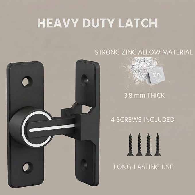 Barn Door Lock Latch – 90-Degree Barn Pet Baby Door Latch Slide Lock – Home Security Door Lock for Bathroom, Garage, Bedroom, Cabinet, Barn – Durable Zinc Alloy Security Door Lock (Black-Luminous) - Image 3