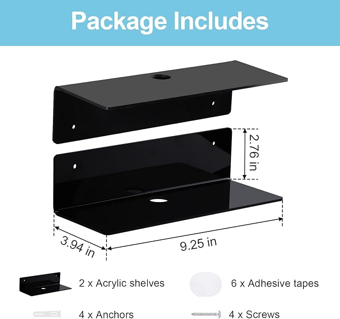 9 Inch Acrylic Floating Shelf No Drill Adhesive Wall Shelf Set of 2 for Funko Pop Storage, Floating Shelves Damage-Free Expand Wall Space for Living Room, Bathroom, Gaming Room, Office - Black - Image 3