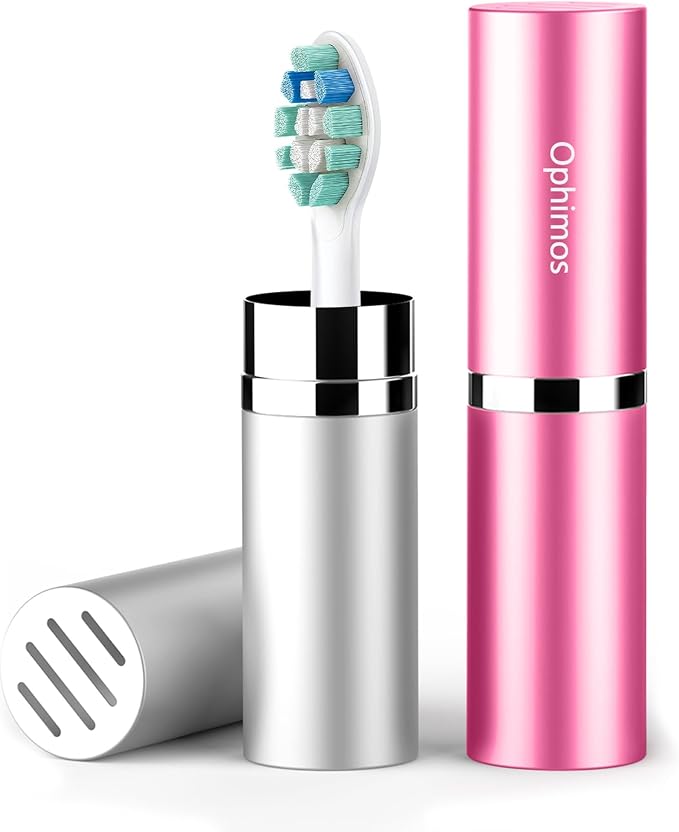 Aluminum Toothbrush Head Case,Metal Toothbrush Protector Cover with Ventilation Holes,Portable Travel Holder for Oral-B Philips Power Toothbrush & More (Silver+Pink, 2 Count) by ophimos