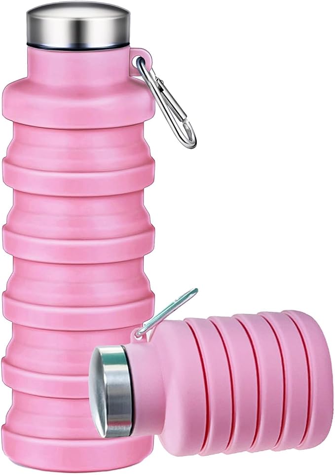 Collapsible Water Bottles,16oz Capacity Portable Reusable Silicone Water Bottle,Leak-proof,with buckle,foldable storage,Lightweight Durable for Fitness,Cycling,Sports,Camping,Hiking(Pink) by Unknown