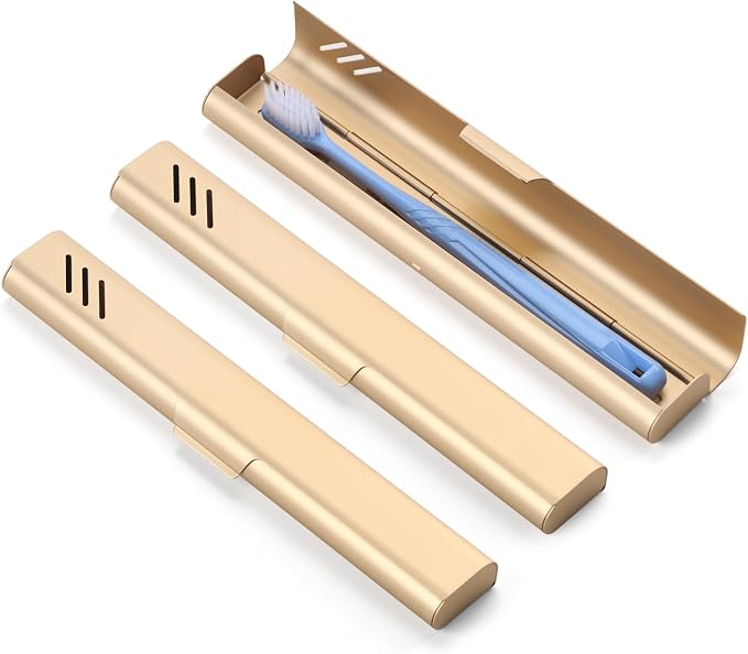 Travel Toothbrush Case, 2Pack Portable Toothbrush Holders, Durable Aluminum Toothbrush Storage Box, Small Breathable Manual Toothbrush Container for Traveling, Camping, Business Trip - Gold by EVERYPURCHASEISFORASIMPLELIFE