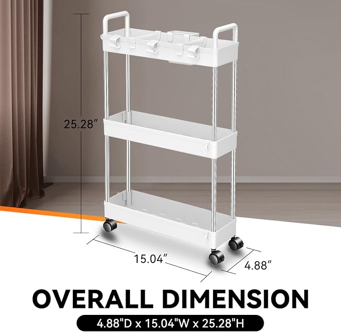 Auto Dynasty 3-Tier Rolling Utility Cart w/Handle, Narrow Storage, White | Sturdy Steel Frame, Smooth-Rolling Casters, Multifunctional Shelves, Space-Saving Slim Design, for Office/Kitchen/Bathroom - Image 8