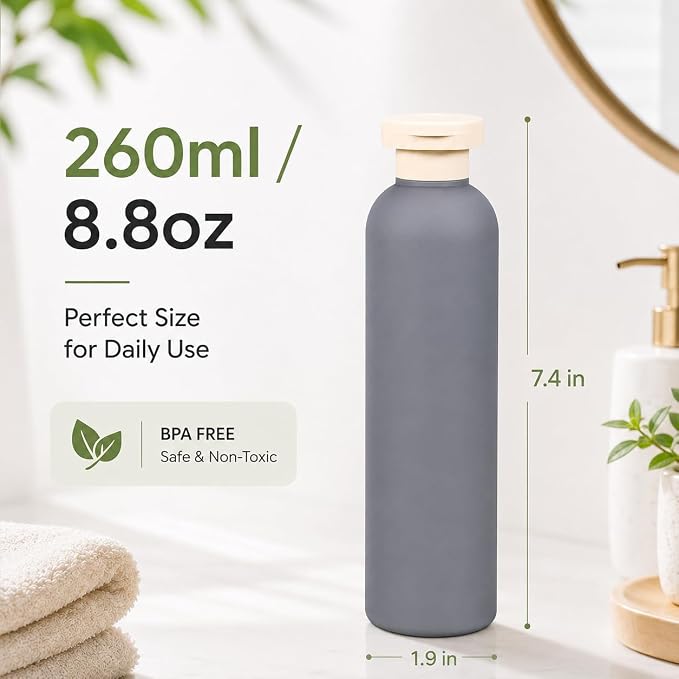 METAPACK 4Pack 8.8oz Travel Shampoo Bottles with Labels, Refillable Travel Bottles, Flip Top Squeeze Bottles, Portable Plastic Toiletry Containers for Lotion, Conditioner & Body Wash(dark bule, grey) - Image 2