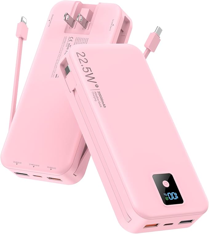 Portable Charger 20000mAh 22.5W w/Built-in Cable & Wall Plug Pink | High capacity, Fast charging, Built-in cables & wall plug, LED display, Charge 5 devices at once, Pass through, TSA approved by Rngsnoy