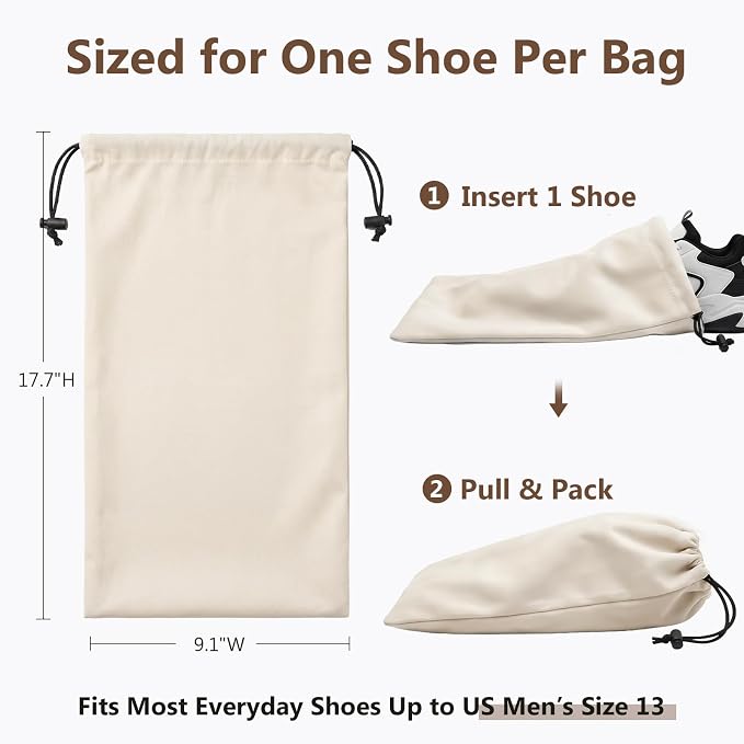 Merkfo 8-Pack Shoe Bags for Travel, One Shoe Per Bag, Fits Size 13 | Soft Drawstring Fabric Bags | 17.7 x 9.1 in | For Suitcase Packing, Gym Bags, and Closet Storage - Image 2
