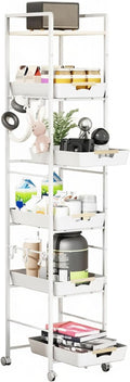 6-Tier Slim Rolling Storage Cart with Wheels, Metal Organizer Tall Rolling Cart, Wood Top Narrow Mobile Utility Cart with Pull-Out Baskets for Kitchen, Bathroom, Laundry Room, 13in(W) White by Unknown